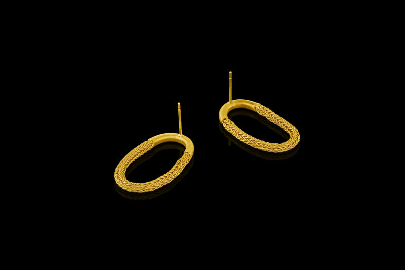 Earrings featuring a woven chain suspended from a gold tube. - back