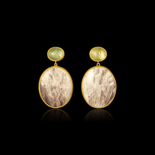 Aquamarine and Fossilized Wood Earrings