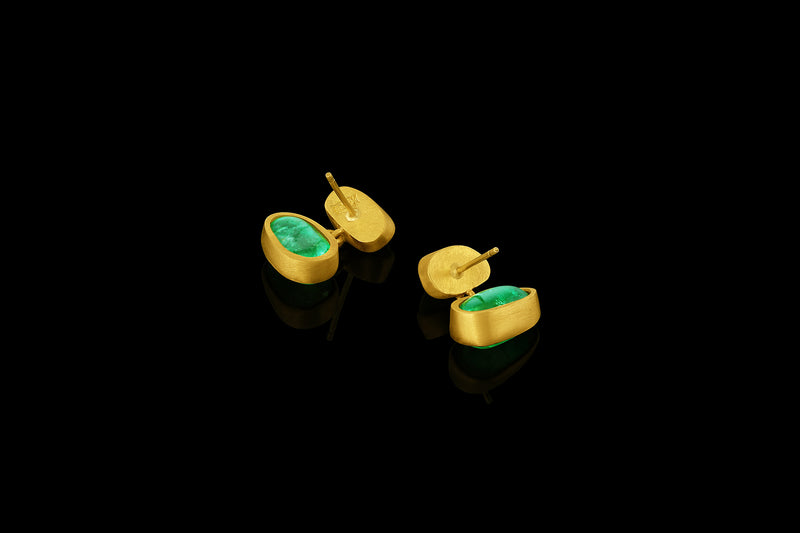 Tumbled emerald drop earrings. Post back.  Back view.