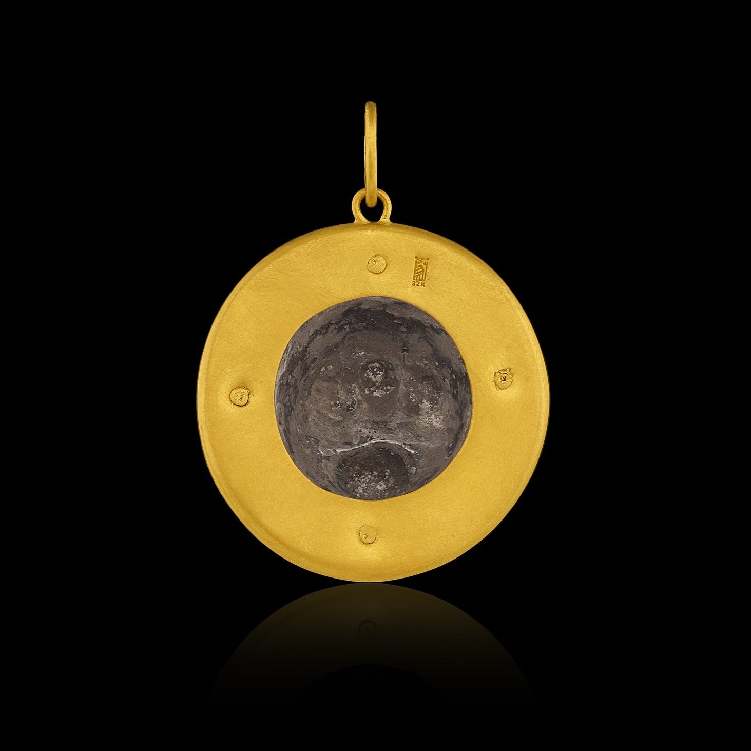 OOAK, Ancient Greek silver roaring lion (c. 300-200 BCE), in a modern gold frame and accented with diamonds. Back view.