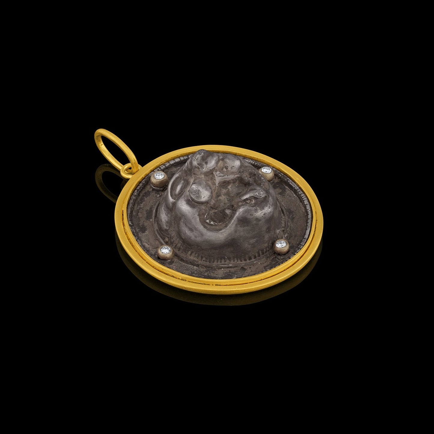 OOAK, Ancient Greek silver roaring lion (c. 300-200 BCE), in a modern gold frame and accented with diamonds.