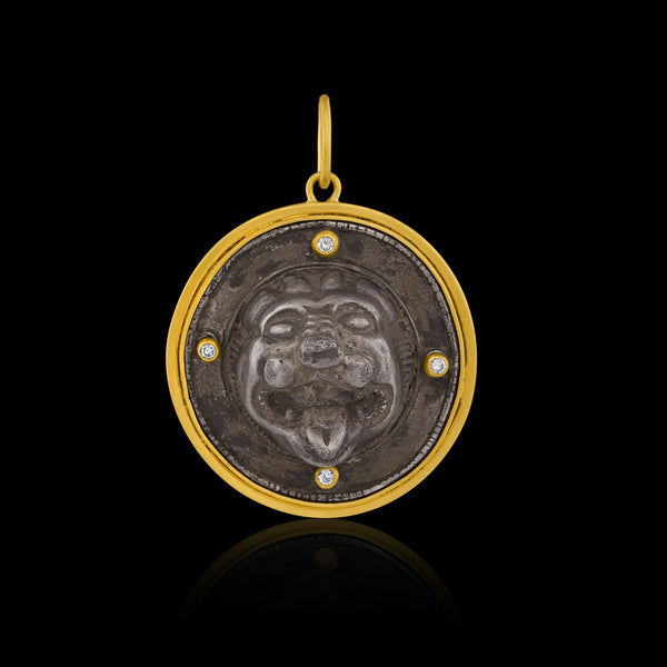 OOAK, Ancient Greek silver roaring lion (c. 300-200 BCE), in a modern gold frame and accented with diamonds.