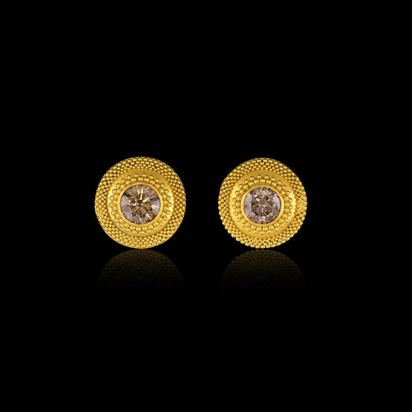 Post earrings adorned with granulation and a cognac diamond (1 cttw)