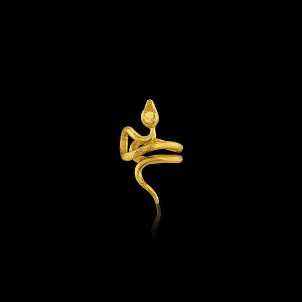 With sinuous curves that climb up the ear, this 22-karat yellow gold snake cuff is beautifully balanced. (Left ear)