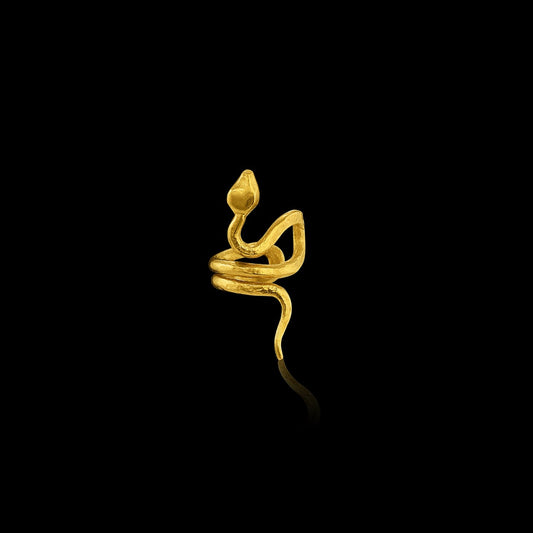 With sinuous curves that climb up the ear, this 22-karat yellow gold snake cuff is beautifully balanced. (right ear)