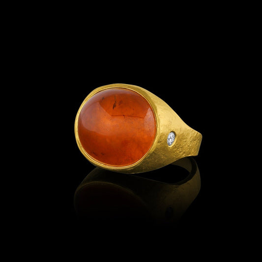 Mandarin Garnet Cabochon Roman Signet Ring with 2 white diamonds