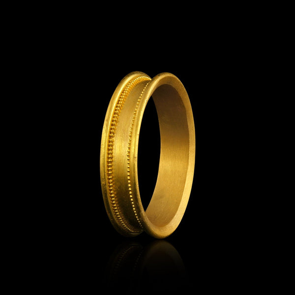 A 22k gold band with cylindrical edges and two lines of hand-placed granules. 