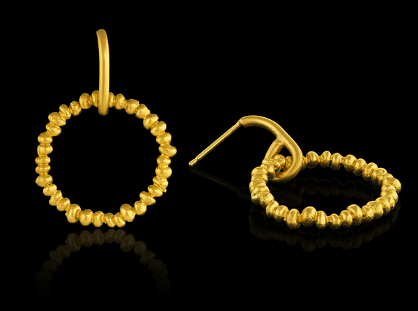 Handmade gold bead ring on smooth gold post earring. 
